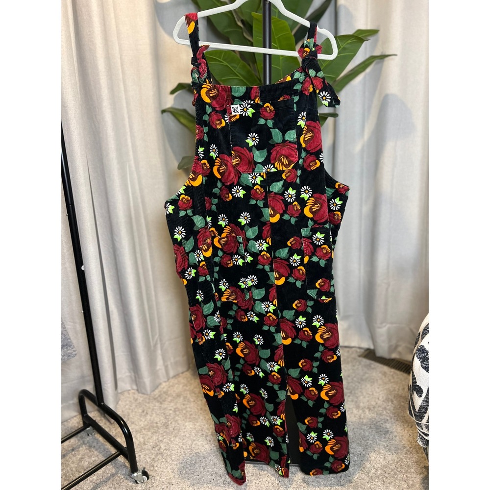 Lucy & Yak Corduroy Dungarees Black Floral Rose Daisy Print Overalls Tie Strap